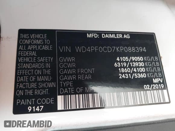 ✅ 2019 Mercedes-Benz Sprinter Cargo • VIN: WD4PF0CD7KP088394 • Lot: 42434219. Wystawiony na IAAI z przebiegiem 216 176 mil. Bezpłatny archiwum sprzedaży aukcyjnych z USA i szczegółowy raport historii pojazdu na DreamBid. Zdjęcie 9.