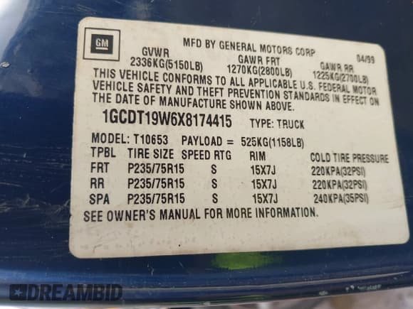 ✅ 1999 Chevrolet S-10 LS • VIN: 1GCDT19W6X8174415 • Лот: 41099912. Опубликован ранее на IAAI с пробегом 127 943 миль. Бесплатный доступ к архиву аукционных продаж из США и подробный отчёт об истории автомобиля на DreamBid. Изображение 9.