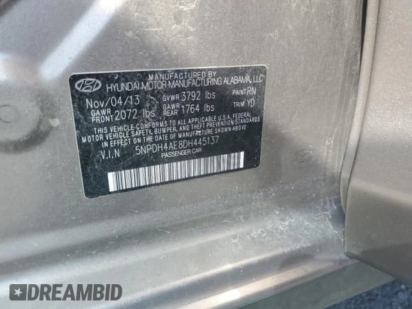 ✅ 2013 Hyundai Elantra GLS • VIN: 5NPDH4AE8DH445137 • Lot: 68294075. Listed on Copart with 163,649 mi. Free auction sales archive from the USA and detailed vehicle history report at DreamBid. Image 13.