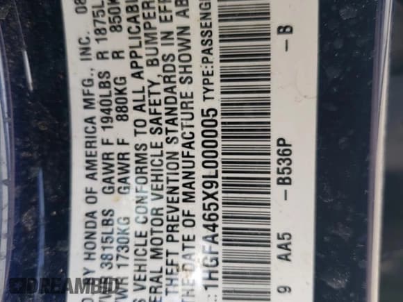 ✅ 2009 Honda Civic GX • VIN: 1HGFA465X9L000005 • Lot: 92049715. Listed on Copart with 114,205 mi. Free auction sales archive from the USA and detailed vehicle history report at DreamBid. Image 12.