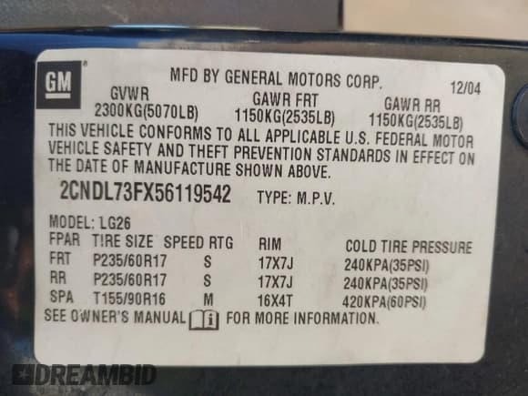 ✅ 2005 Chevrolet Equinox LT • VIN: 2CNDL73FX56119542 • Lot: 43664171. Wystawiony na IAAI z przebiegiem 213 535 mil. Bezpłatny archiwum sprzedaży aukcyjnych z USA i szczegółowy raport historii pojazdu na DreamBid. Zdjęcie 9.