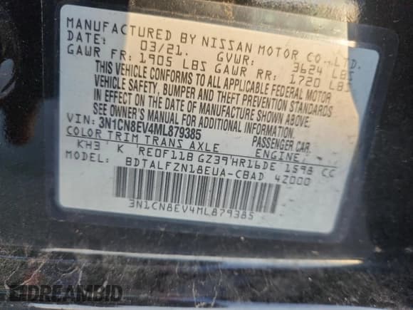 ✅ 2021 Nissan Versa SV • VIN: 3N1CN8EV4ML879385 • Lot: 85654295. Listed on Copart with 104,127 mi. Free auction sales archive from the USA and detailed vehicle history report at DreamBid. Image 12.