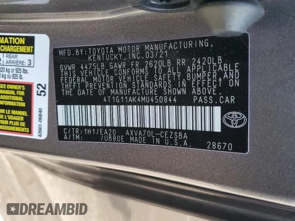 ✅ 2021 Toyota Camry SE • VIN: 4T1G11AK4MU450844 • Lot: 66133245. Listed on Copart with 55,771 mi. Free auction sales archive from the USA and detailed vehicle history report at DreamBid. Image 12.