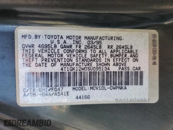 ✅ 1995 Toyota Camry LE • VIN: 4T1GK12W0SU095134 • Lot: 57260095. Wystawiony na Copart z przebiegiem 230 240 mil. Bezpłatny archiwum sprzedaży aukcyjnych z USA i szczegółowy raport historii pojazdu na DreamBid. Zdjęcie 12.