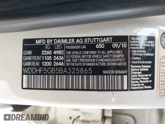 ✅ 2011 Mercedes-Benz E 350 Luxury • VIN: WDDHF5GB5BA325865 • Lot: 43098351. Listed on IAAI with 155,634 mi. Free auction sales archive from the USA and detailed vehicle history report at DreamBid. Image 9.