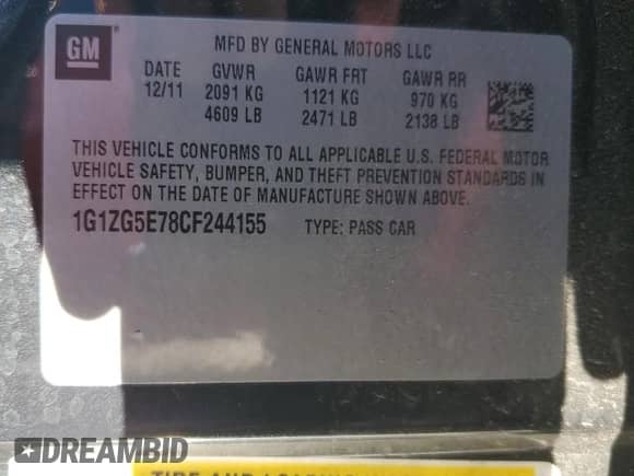 2012 Chevrolet Malibu LTZ with VIN 1G1ZG5E78CF244155, listed as a Copart auction lot 87189345 with 66,765 mi miles and Salvage title. Bid and sale history available at DreamBid. Image 12.