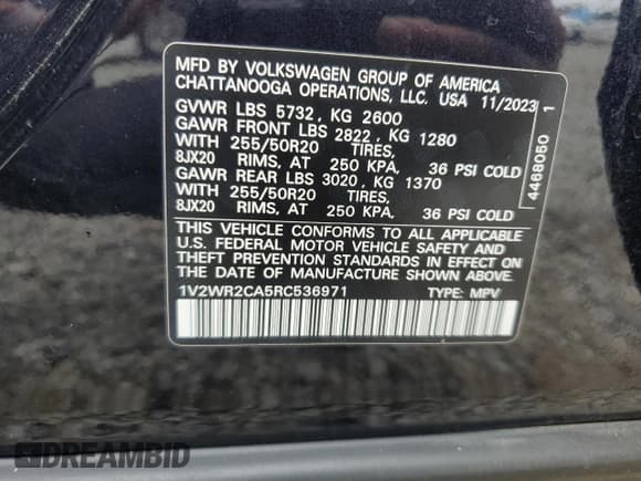 ✅ 2024 Volkswagen Atlas SE • VIN: 1V2WR2CA5RC536971 • Lot: 70920215. Wystawiony na Copart z przebiegiem 41 412 mil. Bezpłatny archiwum sprzedaży aukcyjnych z USA i szczegółowy raport historii pojazdu na DreamBid. Zdjęcie 13.