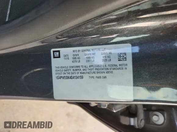 ✅ 2016 Buick Verano Sport Touring • VIN: 1G4PW5SK4G4134159 • Lot: 87482045. Listed on Copart with 96,117 mi. Free auction sales archive from the USA and detailed vehicle history report at DreamBid. Image 12.