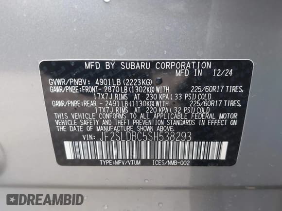 ✅ 2025 Subaru Forester Premium • VIN: JF2SLDBC5SH538293 • Lot: 41898976. Listed on IAAI with 424 mi. Free auction sales archive from the USA and detailed vehicle history report at DreamBid. Image 9.