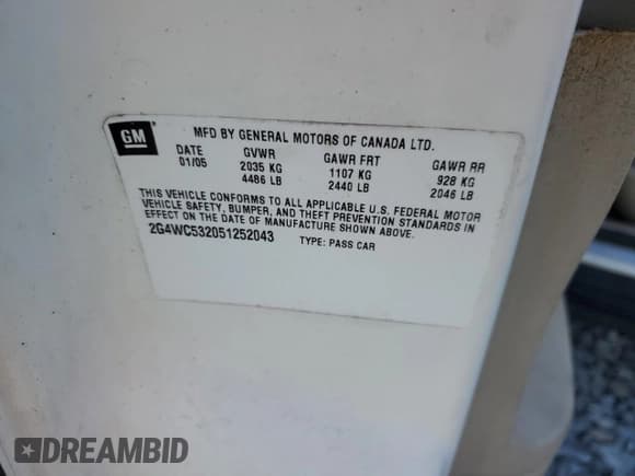 ✅ 2005 Buick LaCrosse CX • VIN: 2G4WC532051252043 • Lot: 89877345. Listed on Copart with 79,163 mi. Free auction sales archive from the USA and detailed vehicle history report at DreamBid. Image 12.