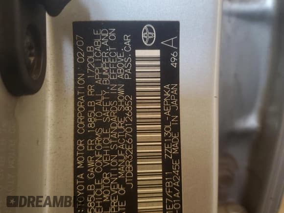 ✅ 2007 Toyota Corolla CE • VIN: JTDBR32E670126852 • Lot: 60348565. Listed on Copart with 299,999 mi. Free auction sales archive from the USA and detailed vehicle history report at DreamBid. Image 12.