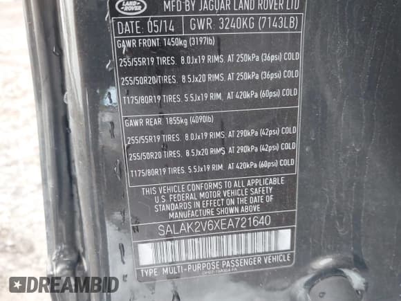 ✅ 2014 Land Rover LR4 Lux • VIN: SALAK2V6XEA721640 • Лот: 43882006. Опубликован ранее на IAAI с пробегом 159 413 миль. Бесплатный доступ к архиву аукционных продаж из США и подробный отчёт об истории автомобиля на DreamBid. Изображение 9.
