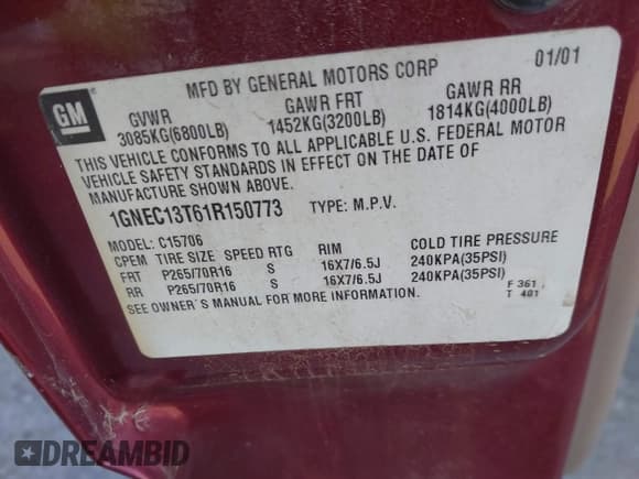 ✅ 2001 Chevrolet Tahoe LS • VIN: 1GNEC13T61R150773 • Lot: 43157865. Listed on IAAI with 177,537 mi. Free auction sales archive from the USA and detailed vehicle history report at DreamBid. Image 9.