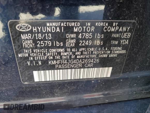2013 Hyundai Azera with VIN KMHFH4JG4DA269426, listed as a Copart auction lot 87641235 with 113,533 mi miles and Salvage title. Bid and sale history available at DreamBid. Image 12.