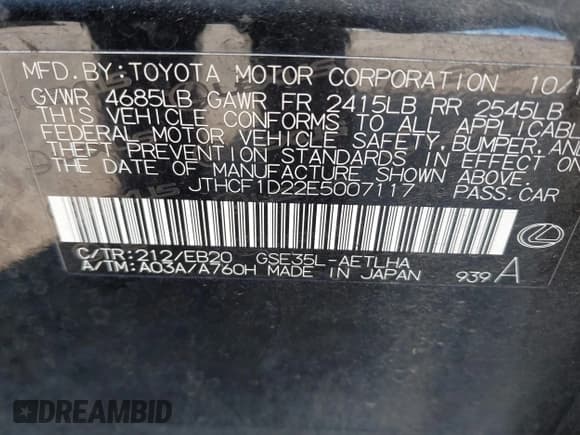 ✅ 2014 Lexus IS 250 • VIN: JTHCF1D22E5007117 • Lot: 42818482. Listed on IAAI with 141,344 mi. Free auction sales archive from the USA and detailed vehicle history report at DreamBid. Image 9.