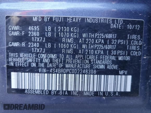 ✅ 2013 Subaru Outback Limited • VIN: 4S4BRDPC0D2248308 • Lot: 58219185. Listed on Copart with 57,380 mi. Free auction sales archive from the USA and detailed vehicle history report at DreamBid. Image 13.