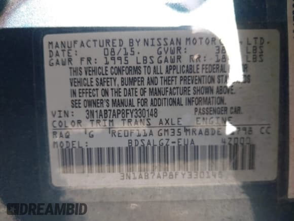 ✅ 2015 Nissan Sentra SV • VIN: 3N1AB7AP8FY330148 • Lot: 42914152. Wystawiony na IAAI z przebiegiem 110 572 mil. Bezpłatny archiwum sprzedaży aukcyjnych z USA i szczegółowy raport historii pojazdu na DreamBid. Zdjęcie 9.