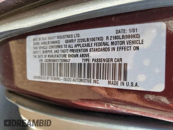 ✅ 2001 Subaru Legacy Outback Limited • VIN: 4S3BE686X17209647 • Lot: 78462664. Listed on Copart with 204,238 mi. Free auction sales archive from the USA and detailed vehicle history report at DreamBid. Image 12.