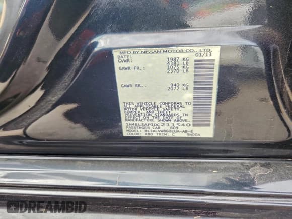 ✅ 2013 Nissan Altima SV • VIN: 1N4BL3AP1DC211540 • Lot: 93851975. Listed on Copart with 211,430 mi. Free auction sales archive from the USA and detailed vehicle history report at DreamBid. Image 12.