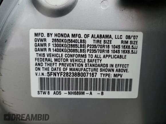 ✅ 2008 Honda Pilot VP • VIN: 5FNYF28238B007167 • Lot: 82251915. Listed on Copart with 192,481 mi. Free auction sales archive from the USA and detailed vehicle history report at DreamBid. Image 13.
