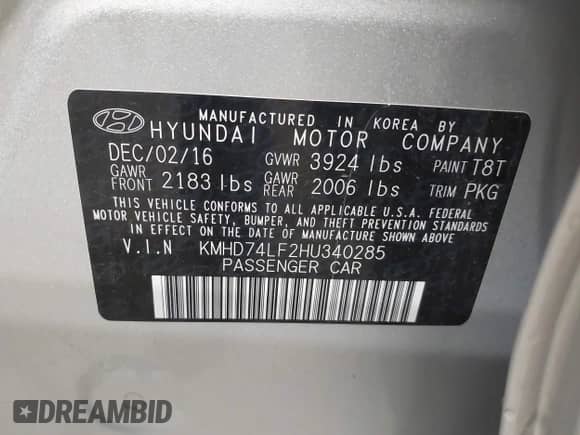 2017 Hyundai Elantra SE with VIN KMHD74LF2HU340285, listed as a IAAI auction lot 42990291 with 75,837 mi miles and . Bid and sale history available at DreamBid. Image 9.