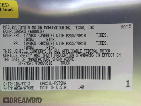 ✅ 2015 Toyota Tundra SR5 • VIN: 5TFEM5F17FX089010 • Лот: 43556966. Опубликован ранее на IAAI с пробегом 157 134 миль. Бесплатный доступ к архиву аукционных продаж из США и подробный отчёт об истории автомобиля на DreamBid. Изображение 9.