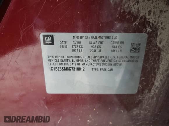 2016 Chevrolet Cruze LT z VIN 1G1BE5SM8G7310012, wystawiony jako Copart lot #63875311 z przebiegiem 135 300 mil mil oraz . Historia ofert i sprzedaży dostępna na DreamBid. Obrazek 10.