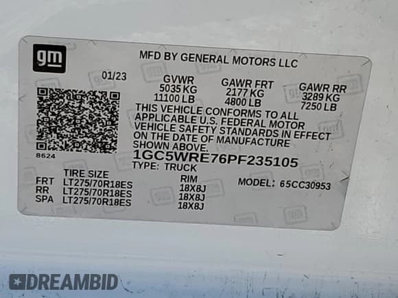 ✅ 2023 Chevrolet Silverado 1500 • VIN: 1GC5WRE76PF235105 • Лот: 58774185. Опубликован ранее на Copart с пробегом 56 857 миль. Бесплатный доступ к архиву аукционных продаж из США и подробный отчёт об истории автомобиля на DreamBid. Изображение 12.