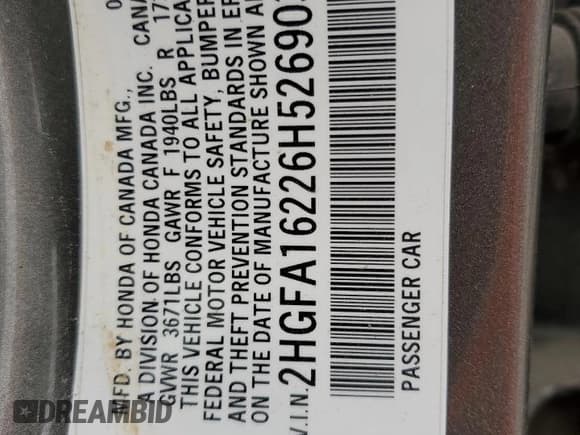 ✅ 2006 Honda Civic DX • VIN: 2HGFA16226H526903 • Lot: 51608645. Listed on Copart with 180,621 mi. Free auction sales archive from the USA and detailed vehicle history report at DreamBid. Image 12.