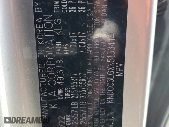 ✅ 2022 Kia Niro EX • VIN: KNDCC3LGXN5153414 • Lot: 52207455. Listed on Copart with 59,082 mi. Free auction sales archive from the USA and detailed vehicle history report at DreamBid. Image 13.