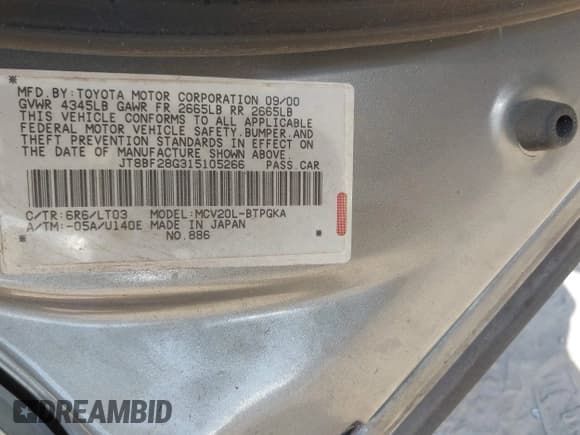 ✅ 2001 Lexus ES 300 • VIN: JT8BF28G315105266 • Lot: 43497522. Listed on IAAI with 169,192 mi. Free auction sales archive from the USA and detailed vehicle history report at DreamBid. Image 9.