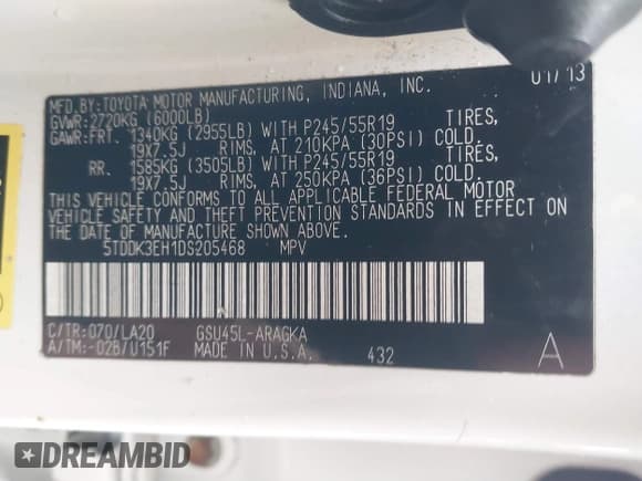 ✅ 2013 Toyota Highlander Limited • VIN: 5TDDK3EH1DS205468 • Lot: 40921522. Listed on IAAI with 155,089 mi. Free auction sales archive from the USA and detailed vehicle history report at DreamBid. Image 9.