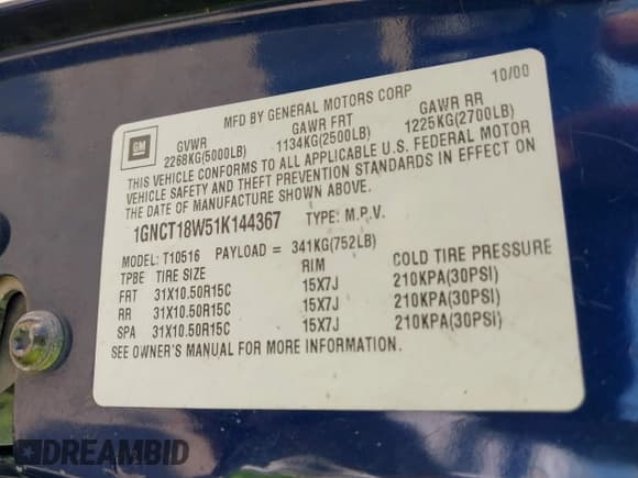 ✅ 2001 Chevrolet Blazer LS • VIN: 1GNCT18W51K144367 • Lot: 43553034. Listed on IAAI with 161,640 mi. Free auction sales archive from the USA and detailed vehicle history report at DreamBid. Image 9.