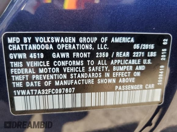 ✅ 2015 Volkswagen Passat Wolfsburg Edition • VIN: 1VWAT7A32FC097607 • Lot: 60149175. Listed on Copart with 92,625 mi. Free auction sales archive from the USA and detailed vehicle history report at DreamBid. Image 13.