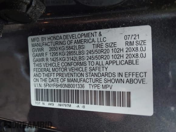 ✅ 2022 Honda Pilot Touring 8-Passenger • VIN: 5FNYF6H93NB001336 • Lot: 43370691. Listed on IAAI with 39,984 mi. Free auction sales archive from the USA and detailed vehicle history report at DreamBid. Image 9.