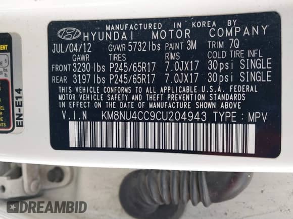 2012 Hyundai Veracruz Limited с VIN KM8NU4CC9CU204943, выставлен на аукционе IAAI как лот 41395791 с пробегом 137 766 миль миль и . История ставок и продаж доступна на DreamBid. Изображение 9.