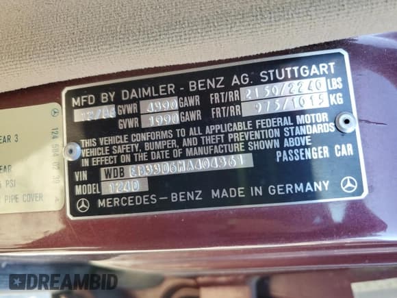 ✅ 1987 Mercedes-Benz 300 • VIN: WDBEB33D6HA404361 • Lot: 91574005. Listed on Copart with 71,338 mi. Free auction sales archive from the USA and detailed vehicle history report at DreamBid. Image 12.