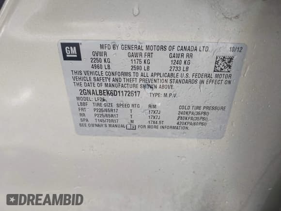 ✅ 2013 Chevrolet Equinox LS • VIN: 2GNALBEK6D1172617 • Lot: 43431192. Listed on IAAI with 228,720 mi. Free auction sales archive from the USA and detailed vehicle history report at DreamBid. Image 9.