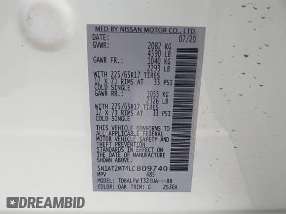 ✅ 2020 Nissan Rogue SL • VIN: 5N1AT2MT4LC809740 • Lot: 41794756. Listed on IAAI with 59,475 mi. Free auction sales archive from the USA and detailed vehicle history report at DreamBid. Image 9.