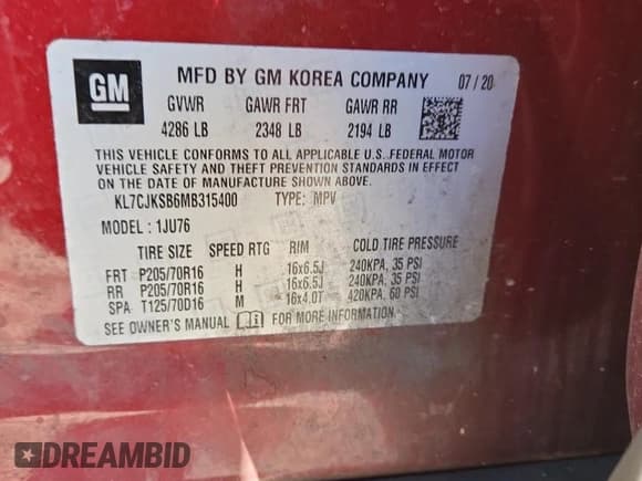 ✅ 2021 Chevrolet Trax LS • VIN: KL7CJKSB6MB315400 • Lot: 92513785. Listed on Copart with Not provided. Free auction sales archive from the USA and detailed vehicle history report at DreamBid. Image 12.