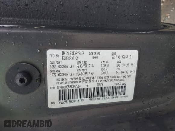 2003 Dodge 1500 ST z VIN 1D7HA18D53S347514, wystawiony jako IAAI lot #42099051 z przebiegiem 173 000 mil mil oraz . Historia ofert i sprzedaży dostępna na DreamBid. Obrazek 9.