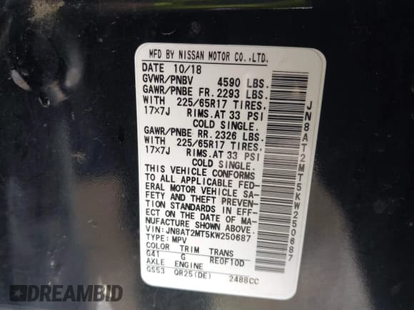 ✅ 2019 Nissan Rogue S • VIN: JN8AT2MT5KW250687 • Lot: 41744539. Listed on IAAI with 119,031 mi. Free auction sales archive from the USA and detailed vehicle history report at DreamBid. Image 9.