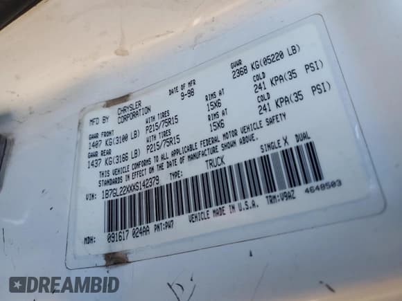 ✅ 1999 Dodge Dakota SLT • VIN: 1B7GL22XXXS142379 • Lot: 88269495. Wystawiony na Copart z przebiegiem Nie podano. Bezpłatny archiwum sprzedaży aukcyjnych z USA i szczegółowy raport historii pojazdu na DreamBid. Zdjęcie 12.