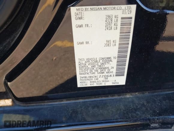 ✅ 2019 Nissan Altima S • VIN: 1N4BL4BV2KC220683 • Лот: 43670784. Опубликован ранее на IAAI с пробегом 95 417 миль. Бесплатный доступ к архиву аукционных продаж из США и подробный отчёт об истории автомобиля на DreamBid. Изображение 9.