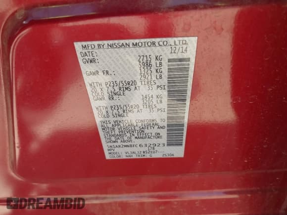 ✅ 2015 Nissan Pathfinder SV • VIN: 5N1AR2MN8FC632923 • Lot: 42545839. Listed on IAAI with 125,784 mi. Free auction sales archive from the USA and detailed vehicle history report at DreamBid. Image 9.