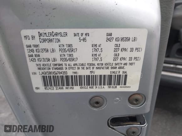 ✅ 2005 Jeep Liberty Limited • VIN: 1J4GK58KX5W704393 • Lot: 41675508. Listed on IAAI with 188,403 mi. Free auction sales archive from the USA and detailed vehicle history report at DreamBid. Image 9.