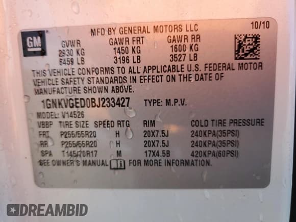 ✅ 2011 Chevrolet Traverse 1LT • VIN: 1GNKVGED0BJ233427 • Лот: 71022655. Опубликован ранее на Copart с пробегом 122 233 миль. Бесплатный доступ к архиву аукционных продаж из США и подробный отчёт об истории автомобиля на DreamBid. Изображение 14.