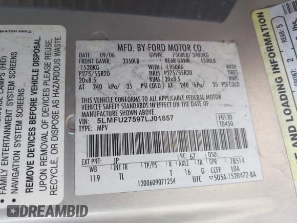 ✅ 2007 Lincoln Navigator • VIN: 5LMFU27597LJ01857 • Lot: 42179736. Wystawiony na IAAI z przebiegiem 195 202 mil. Bezpłatny archiwum sprzedaży aukcyjnych z USA i szczegółowy raport historii pojazdu na DreamBid. Zdjęcie 9.