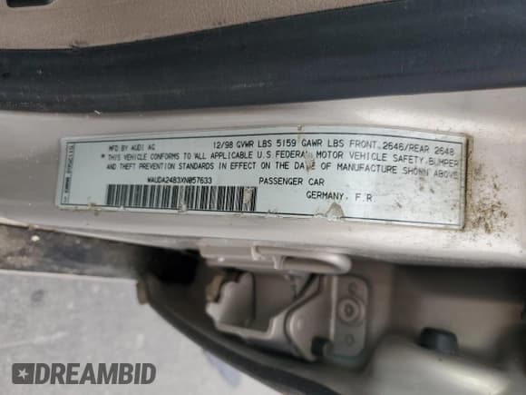 ✅ 1999 Audi A6 • VIN: WAUDA24B3XN057633 • Lot: 58340255. Listed on Copart with 173,410 mi. Free auction sales archive from the USA and detailed vehicle history report at DreamBid. Image 12.