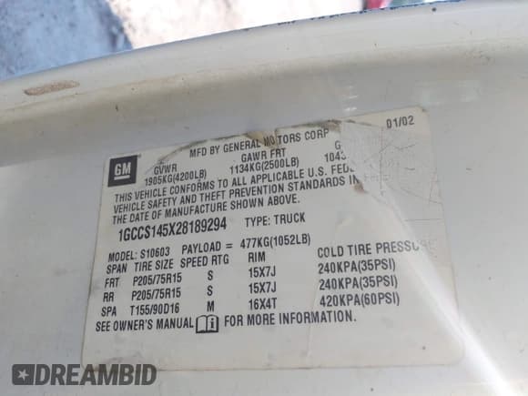 ✅ 2002 Chevrolet S-10 LS • VIN: 1GCCS145X28189294 • Лот: 42632943. Опубликован ранее на IAAI с пробегом 141 229 миль. Бесплатный доступ к архиву аукционных продаж из США и подробный отчёт об истории автомобиля на DreamBid. Изображение 9.